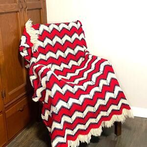 Vintage Handmade Zigzag Fringe Tassel Red White Blue Granny Afghan Throw